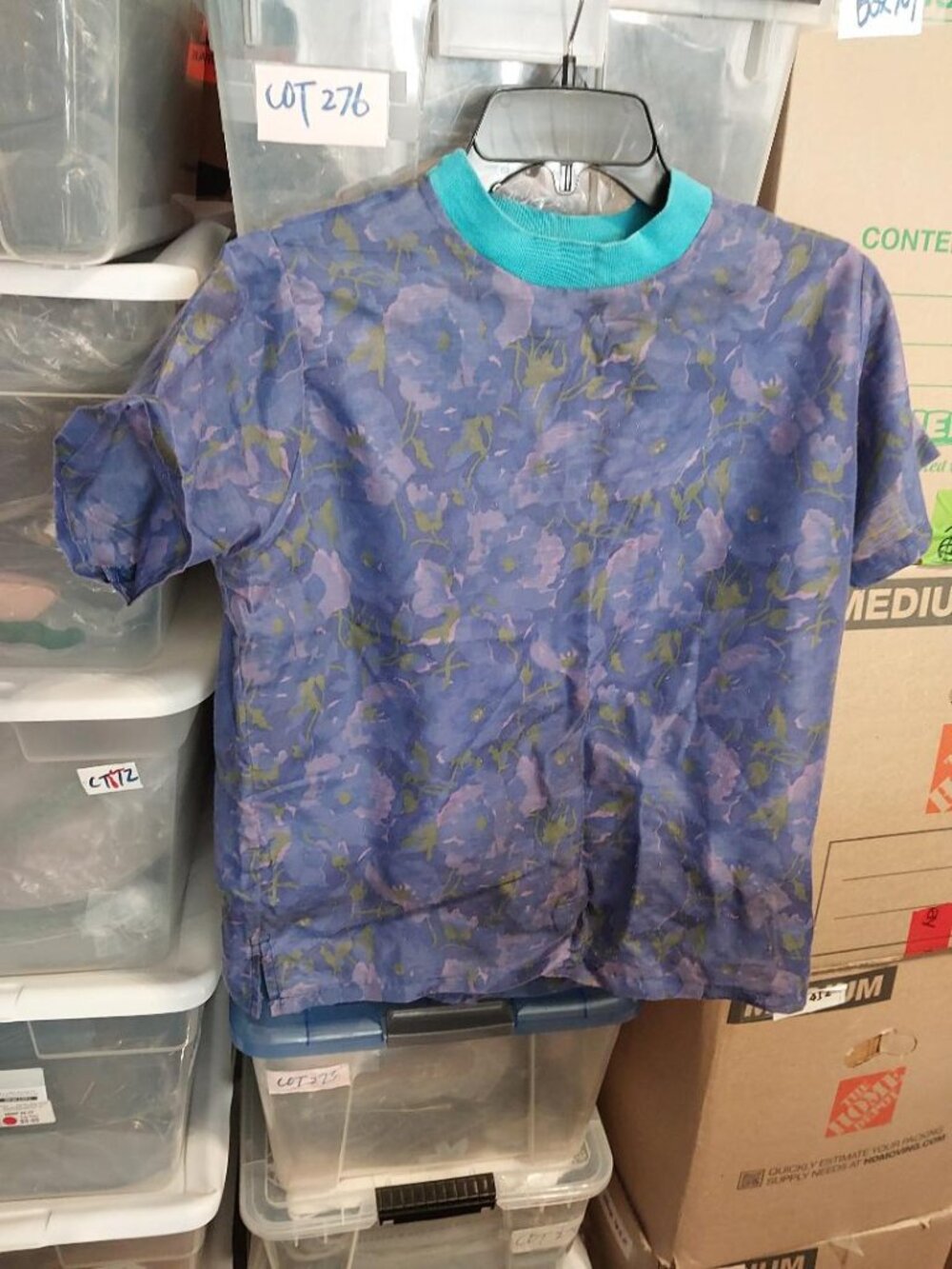 Vintage Blue Floral Print Short Sleeve Scrub Contrasting Teal High Collar Sz M